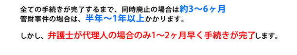 弁護人が代理人の場合のみ1～2ヶ月早く自己破産の手続きが完了します。